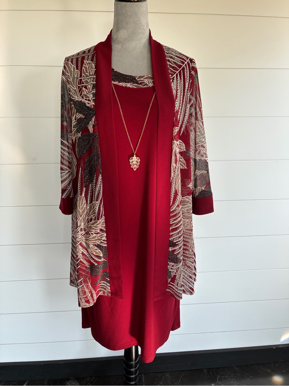 R&M Richards Red 2-Piece Leaf Print Jacket & Dress Set Sz 6 NWT